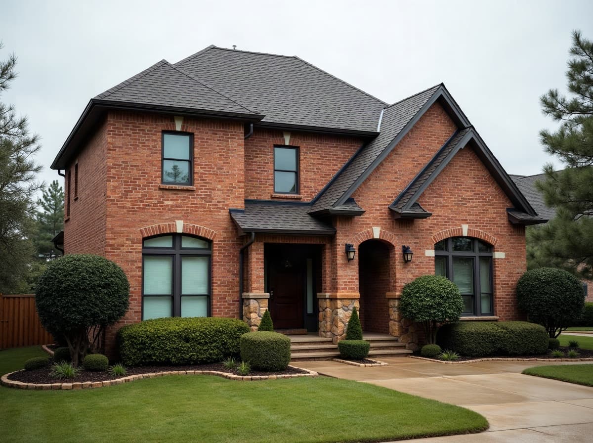 A red-brick Texas home with visible storm damage before repair