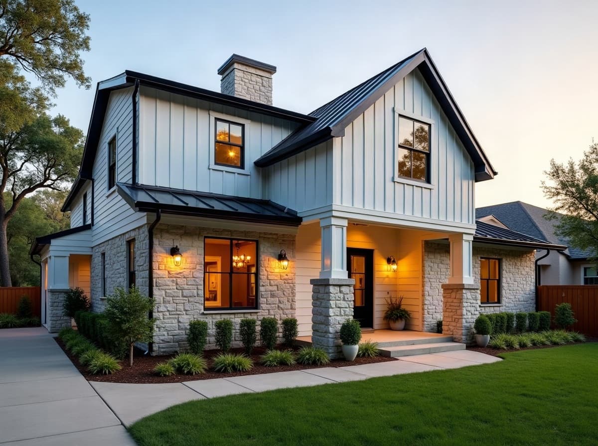 A restored white modern farmhouse exterior with new roof and gutters