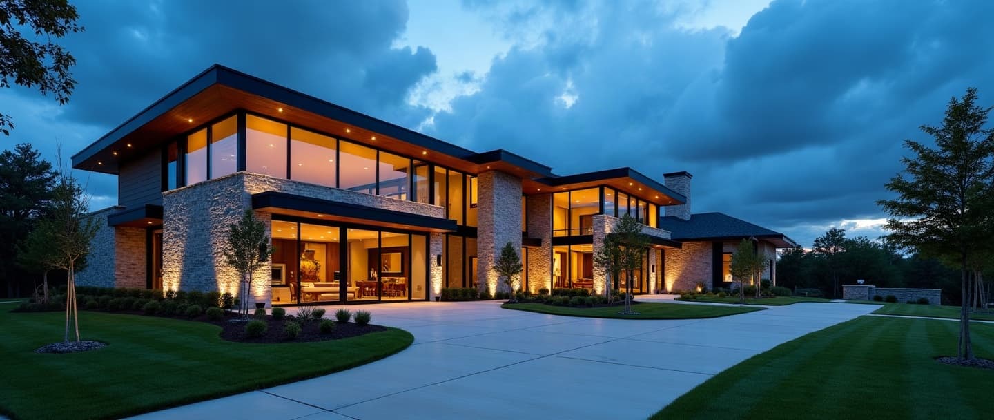 A contemporary luxury Texas home at dusk with warm interior light and clean architectural lines