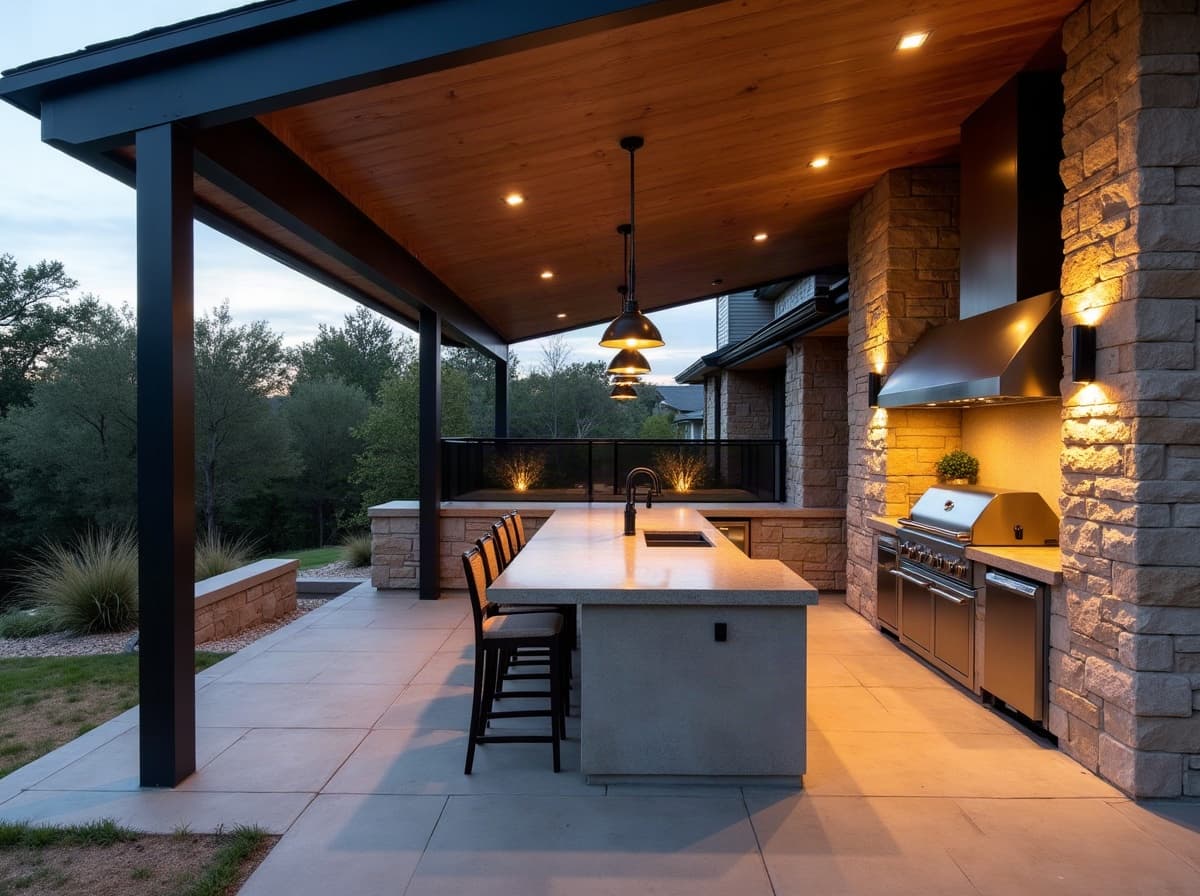 An integrated outdoor kitchen under a modern covered patio