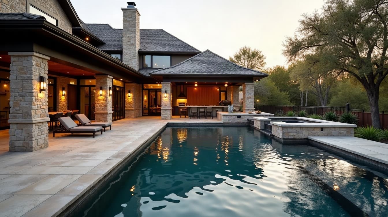 A complete backyard transformation seen wide at golden hour